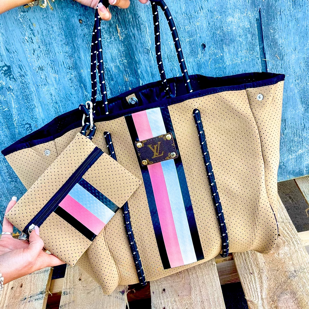 Upcycled LV Stripe Waterproof Tote & Wristlet