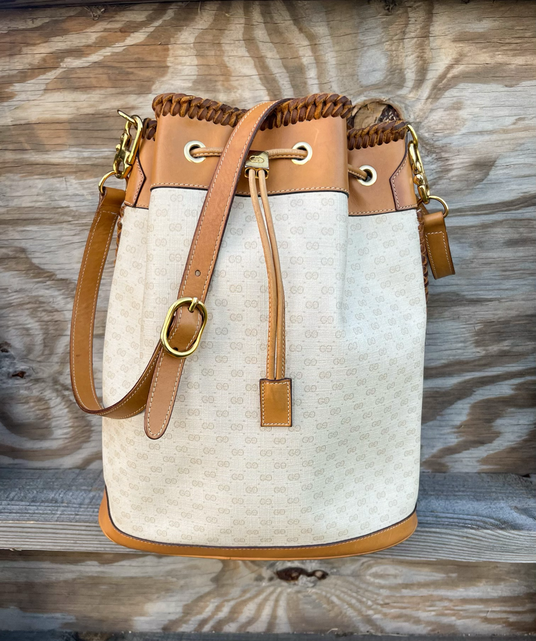 Upcycled Gucci GG Side Braided Bucket Bag Tan