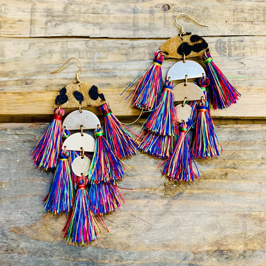 Multi color leopard tassel earrings