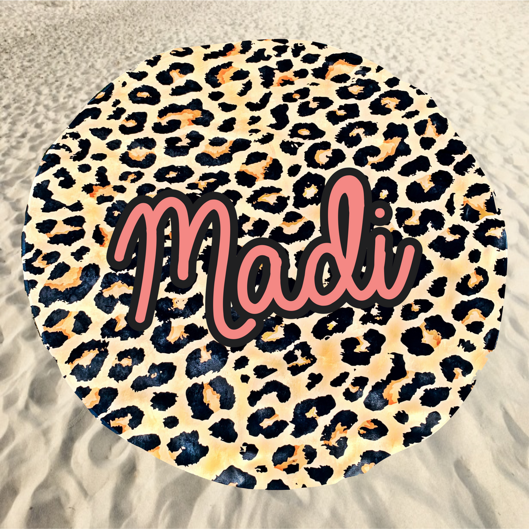 Leopard name round beach towel